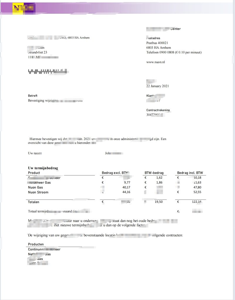 荷兰 NUON 天然气公用事业账单 Word 和 PDF 模板（荷兰语）