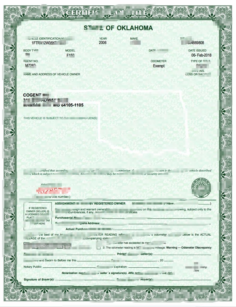 俄克拉荷马州汽车所有权证书模板（PDF 格式）