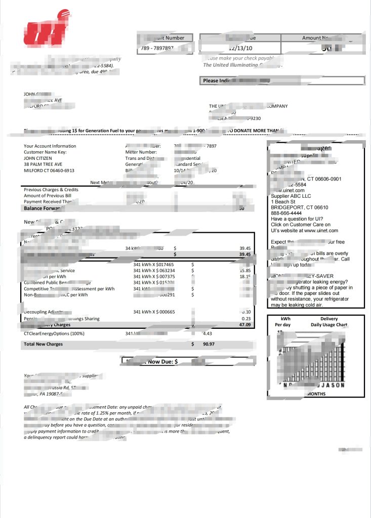美国康涅狄格州联合照明公司电费账单Word和PDF模板