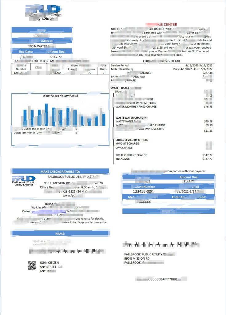 美国 Fallbrook 公共事业账单模板（Word 和 PDF 格式）