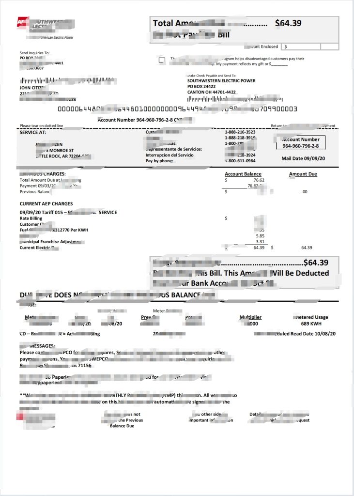 美国路易斯安那州 AEP（西南电力公司）电费账单 Word 和 PDF 模板
