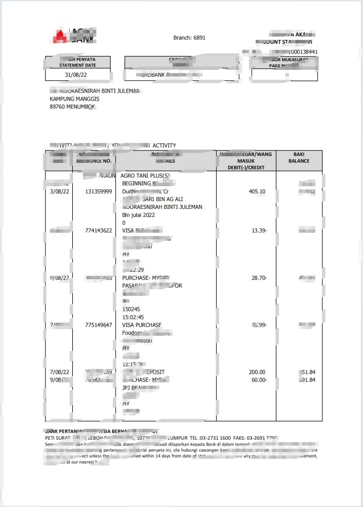 马来西亚农业银行账单pdf模板