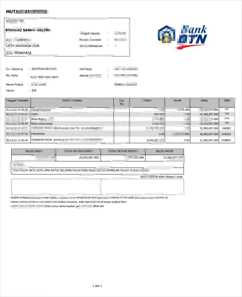 印度尼西亚/印尼银行账单pdf模板