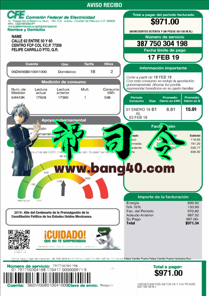 墨西哥 CFE Power 公用事业账单地址证明模板