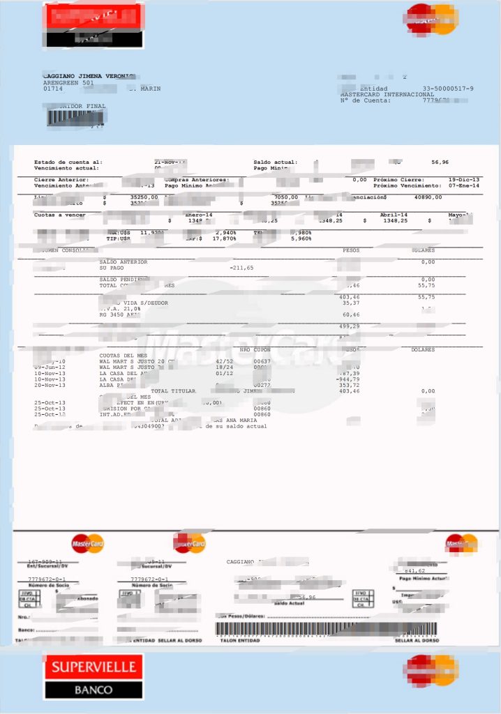 阿根廷银行账单/KYC地址证明pdf模板