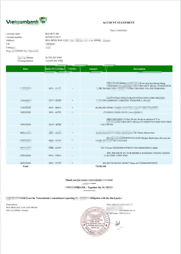 越南银行信用卡账单/KYC地址证明pdf模板