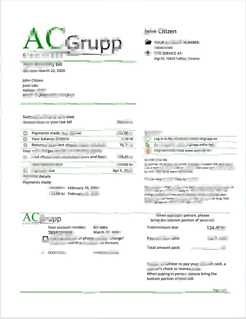 爱沙尼亚 AC Grupp  电费账单