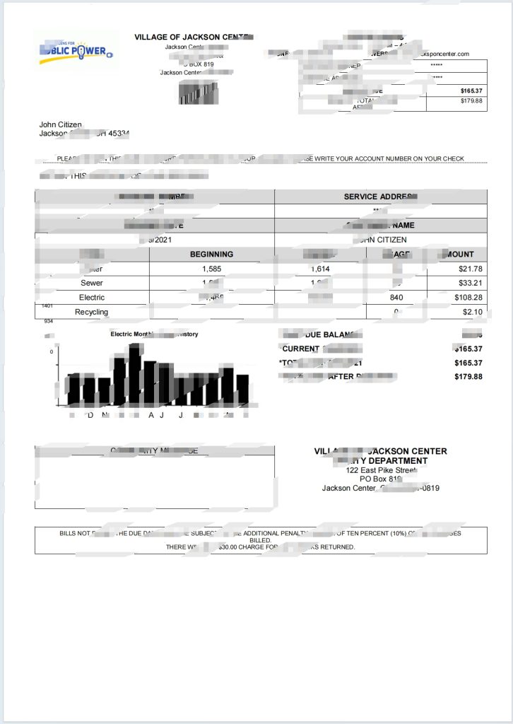 美国俄亥俄州杰克逊中心村公共电力公用事业账单Word和PDF模板