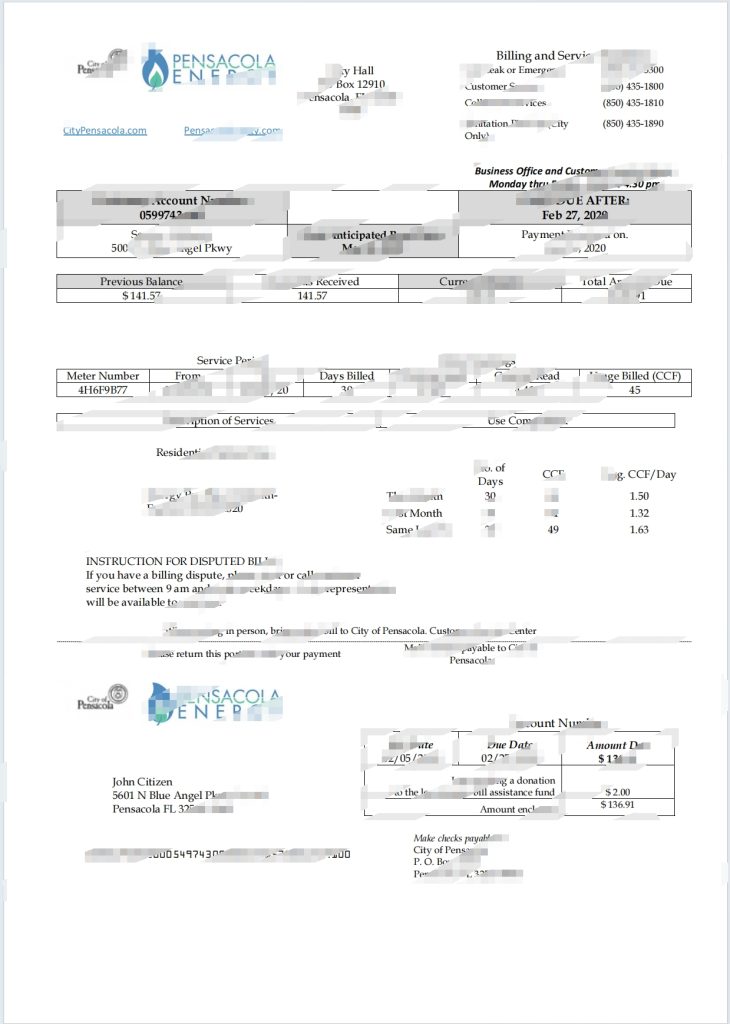 美国佛罗里达州彭萨科拉能源公用事业账单Word和PDF模板