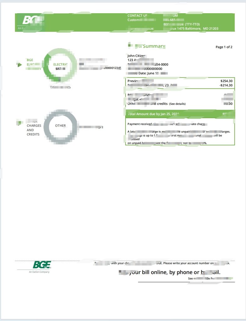 美国马里兰州巴尔的摩天然气和电力公司（BGE）水电费账单Word和PDF模板（2页）