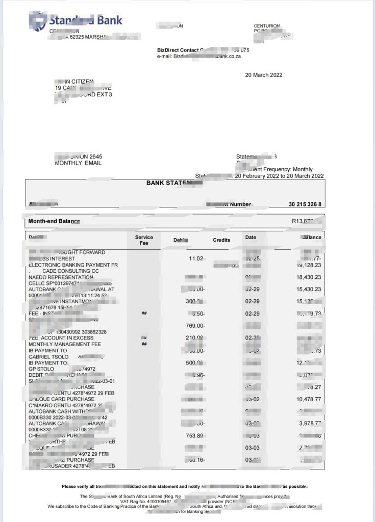 南非标准银行对账单Word和PDF模板