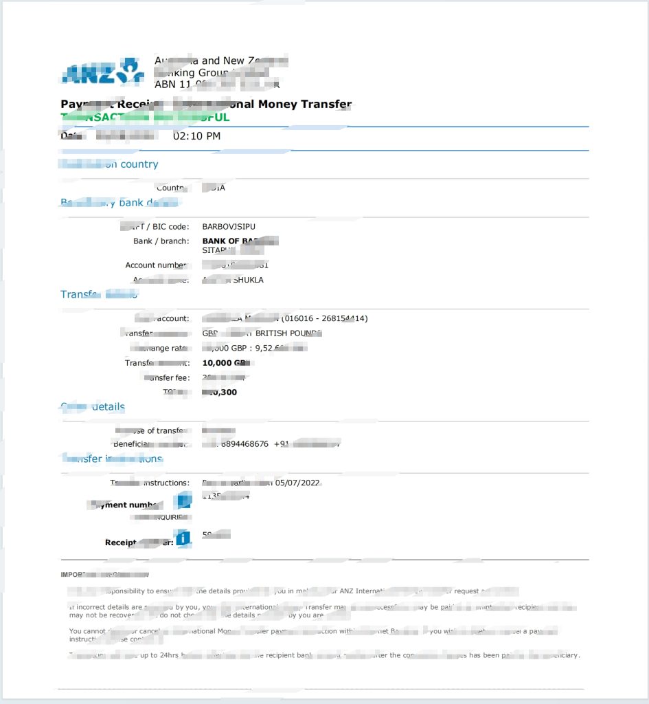 澳大利亚 ANZ 国际汇款收据模板