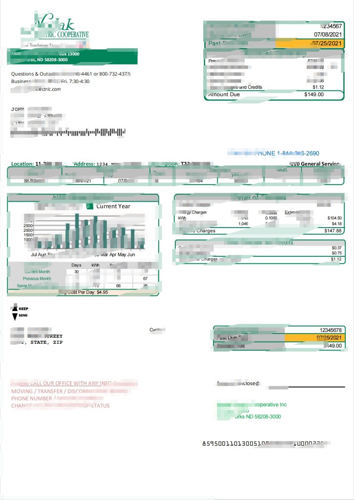 美国北达科他州 Nodak 电力合作社公用事业账单
