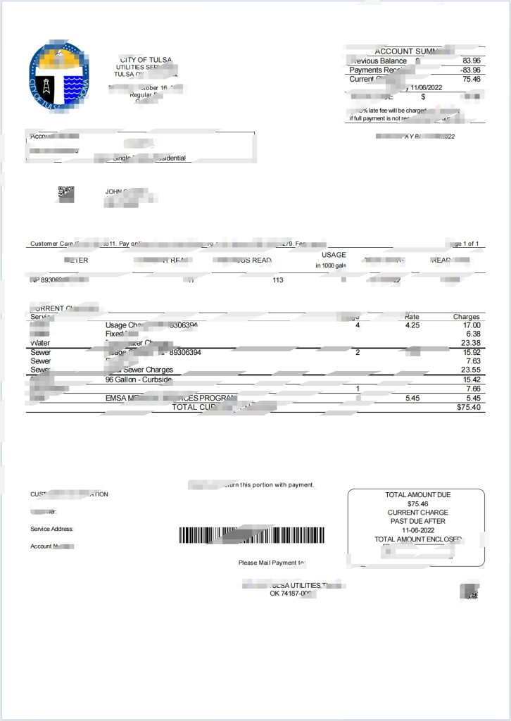 美国俄克拉荷马州塔尔萨市水电费账单Word和PDF模板