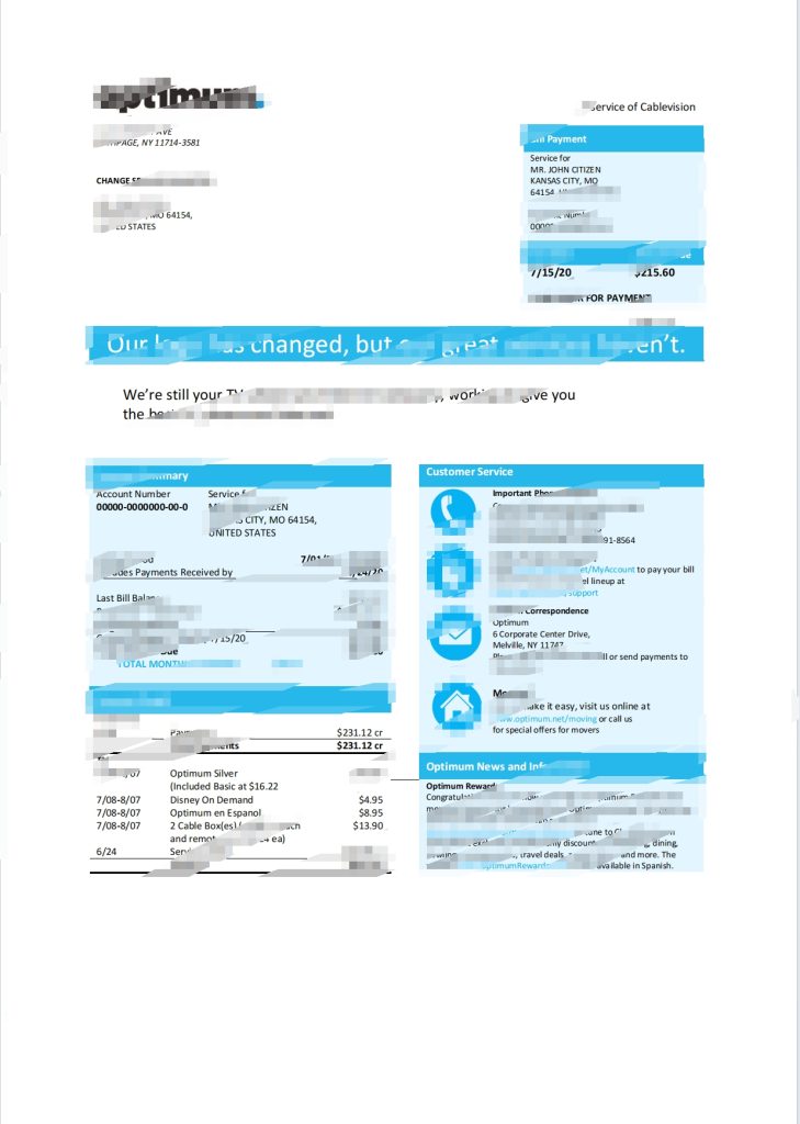 美国纽约州 Optimum Cablevision 账单模板（Word 和 PDF 格式）