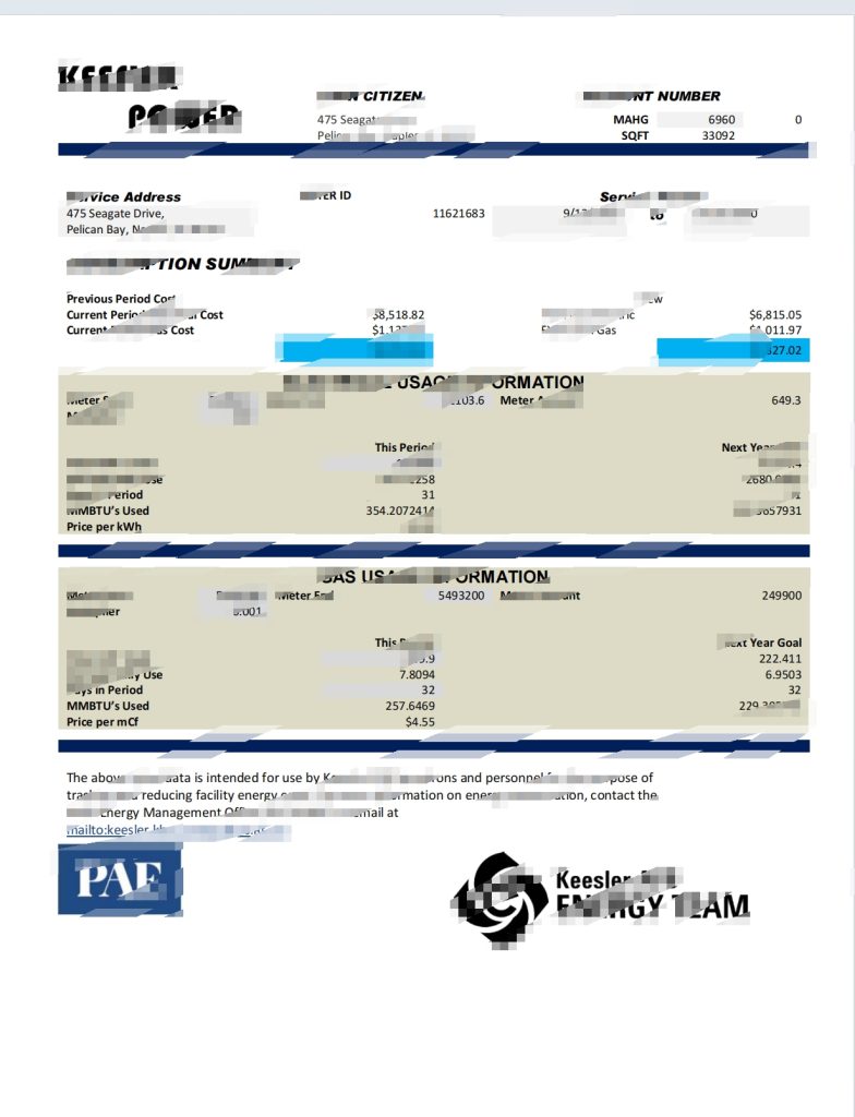 美国密西西比州基斯勒空军基地能源公用事业账单 Word 和 PDF 模板