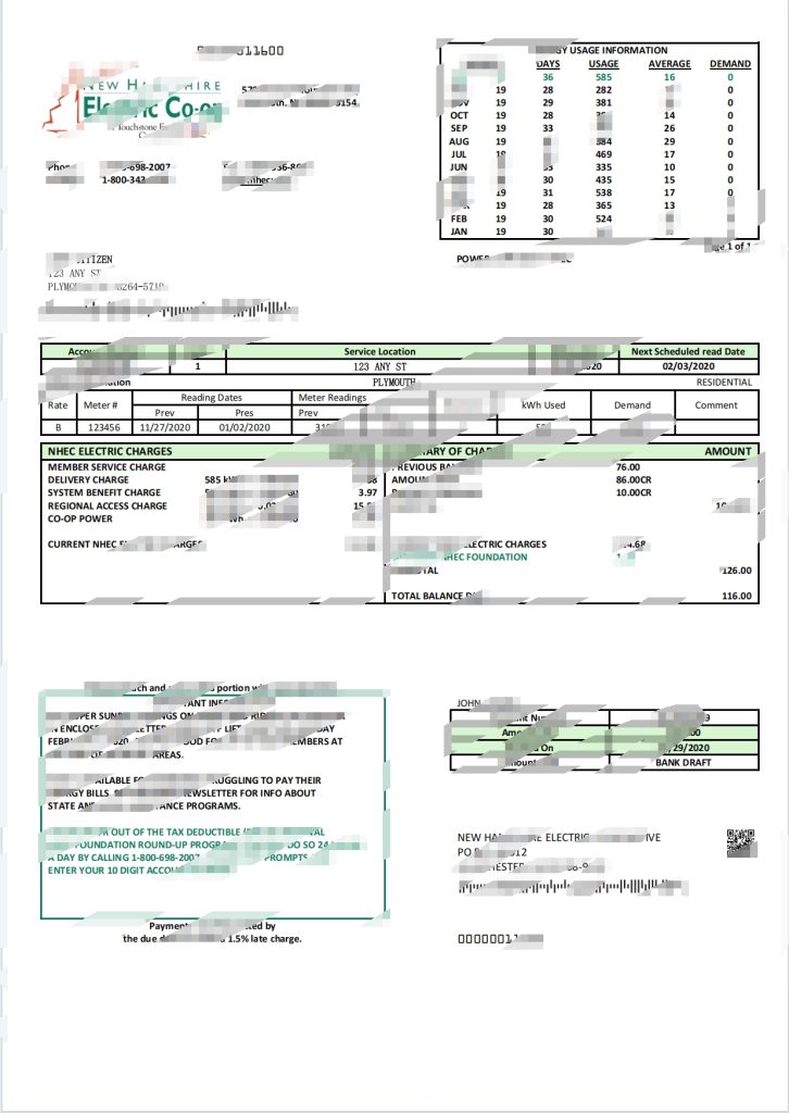 美国新罕布什尔州电力合作社电费账单Word和PDF模板