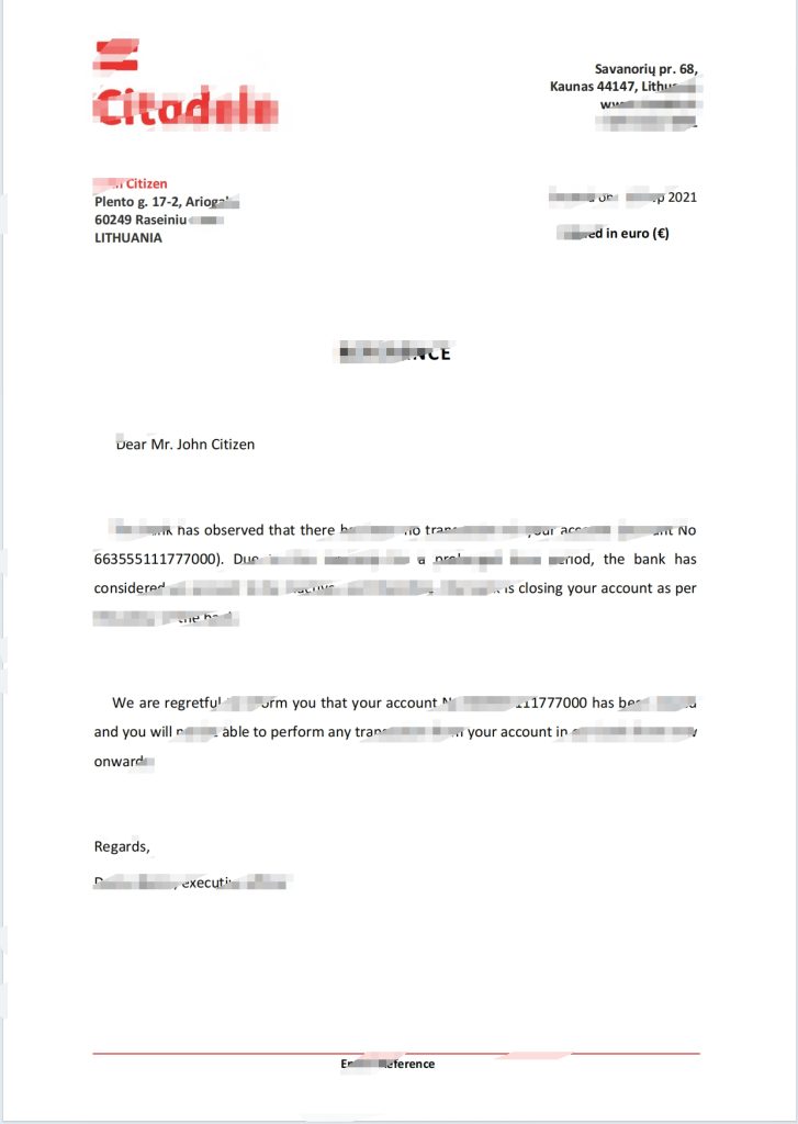 立陶宛 Citadele 银行账户推荐信模板