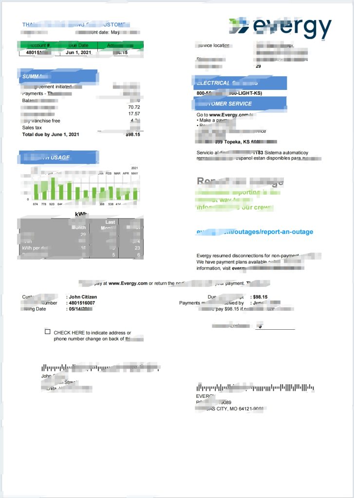 美国密苏里州Evergy电力账单Word和PDF模板
