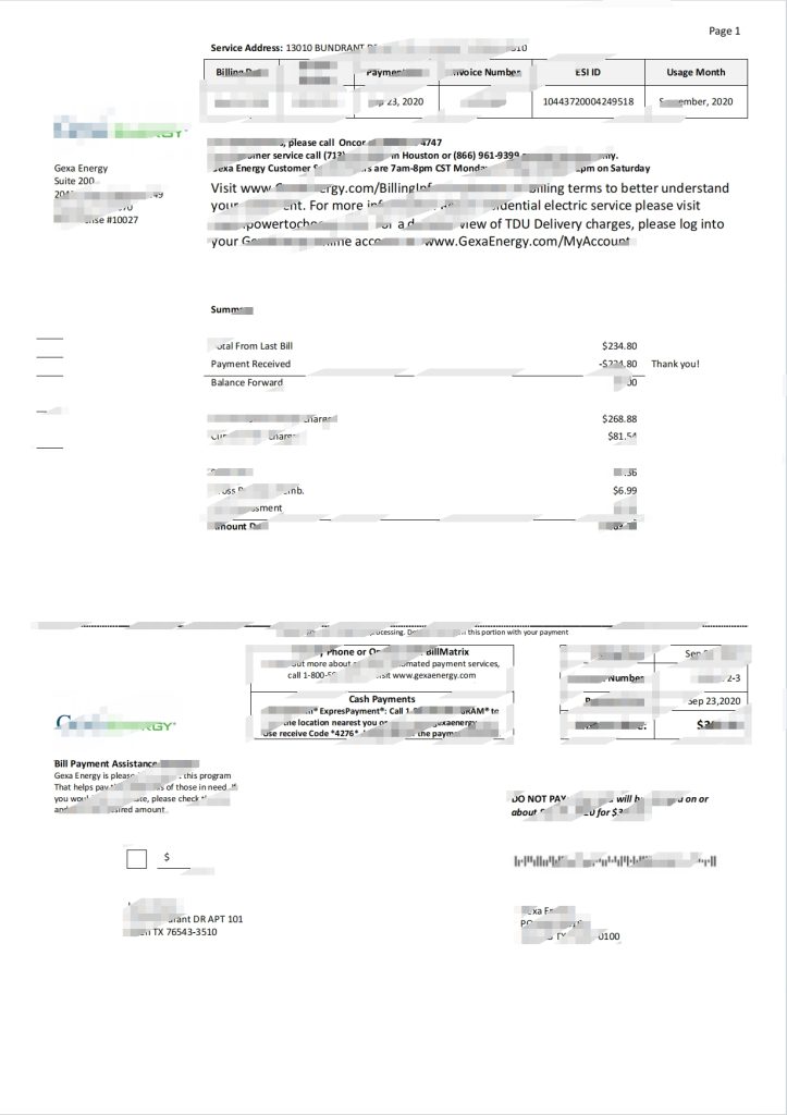 美国德克萨斯州 Gexa 能源公用事业账单模板（Word 格式）