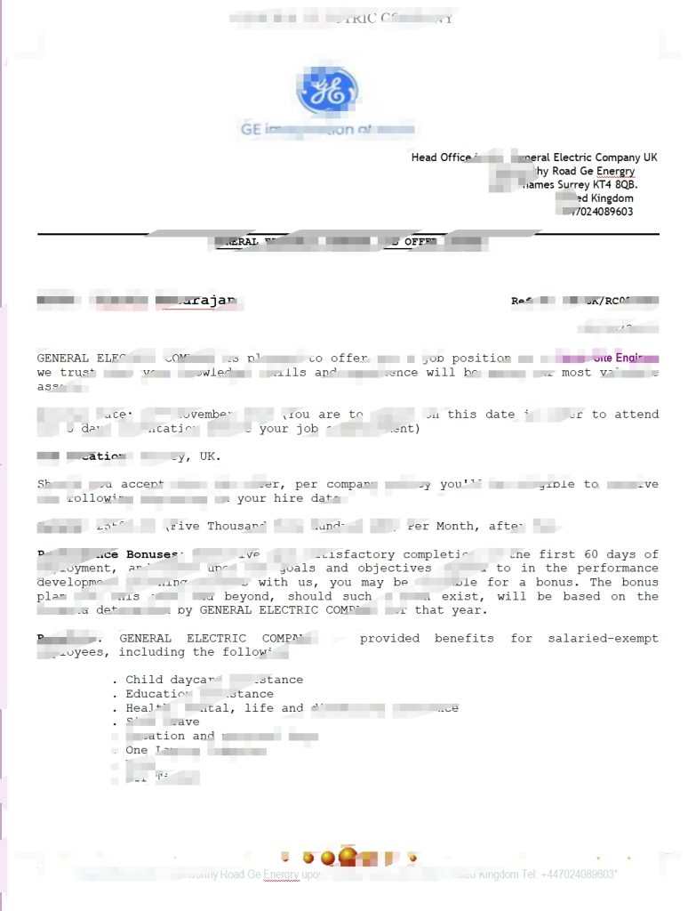 英国通用电气能源公司工作邀请函模板