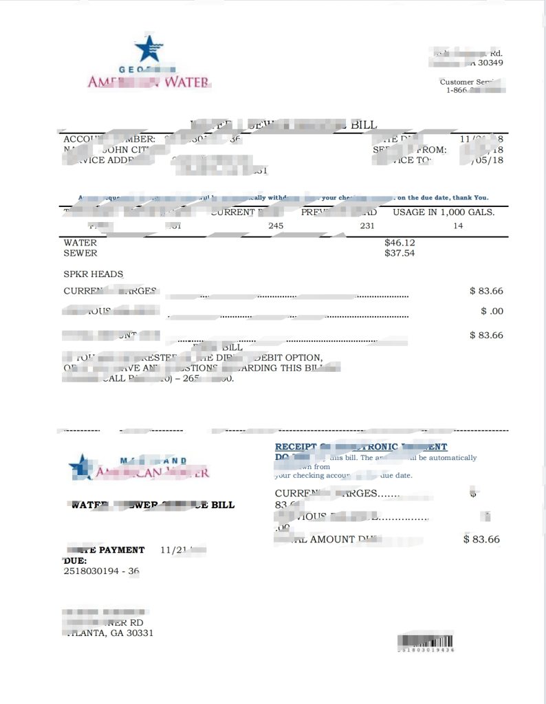 美国马里兰州佐治亚州水费账单 Word 和 PDF 模板