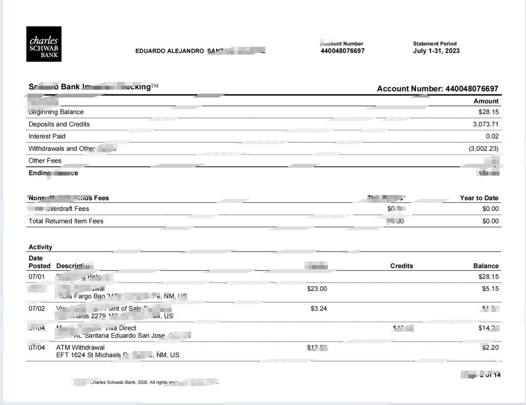 美国嘉信理财银行对账单模板（Word 和PDF 格式）