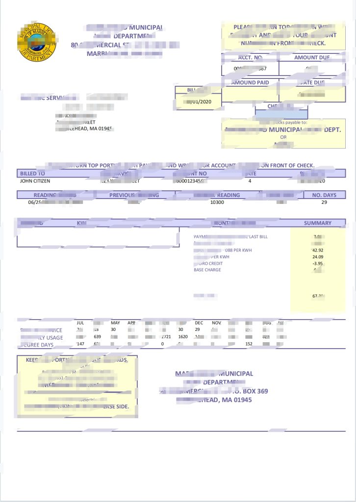 美国马布尔黑德市政照明部门水电费账单Word和PDF模板