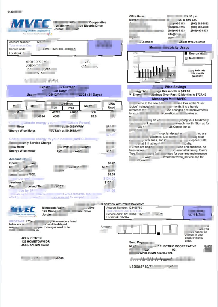 美国明尼苏达谷电力合作社 (MVEC) 公用事业账单 Word 和 PDF 模板