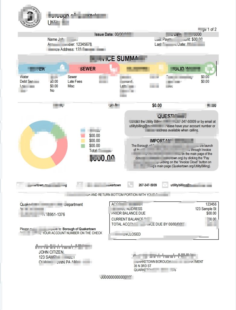 美国宾夕法尼亚州 Quakertown 自治市水电费账单 Word 和 PDF 模板