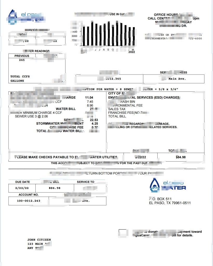 美国德克萨斯州埃尔帕索水费账单模板（Word 和 PDF 格式）