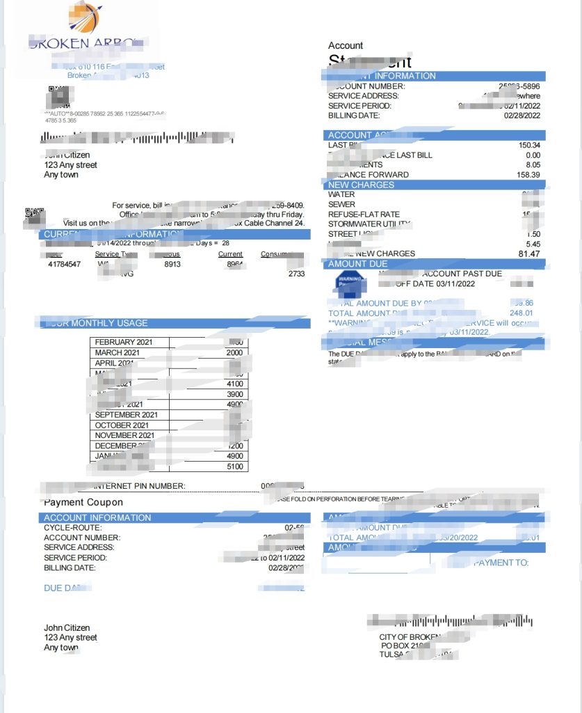 美国俄克拉荷马州布罗索罗市水电费账单Word和PDF模板