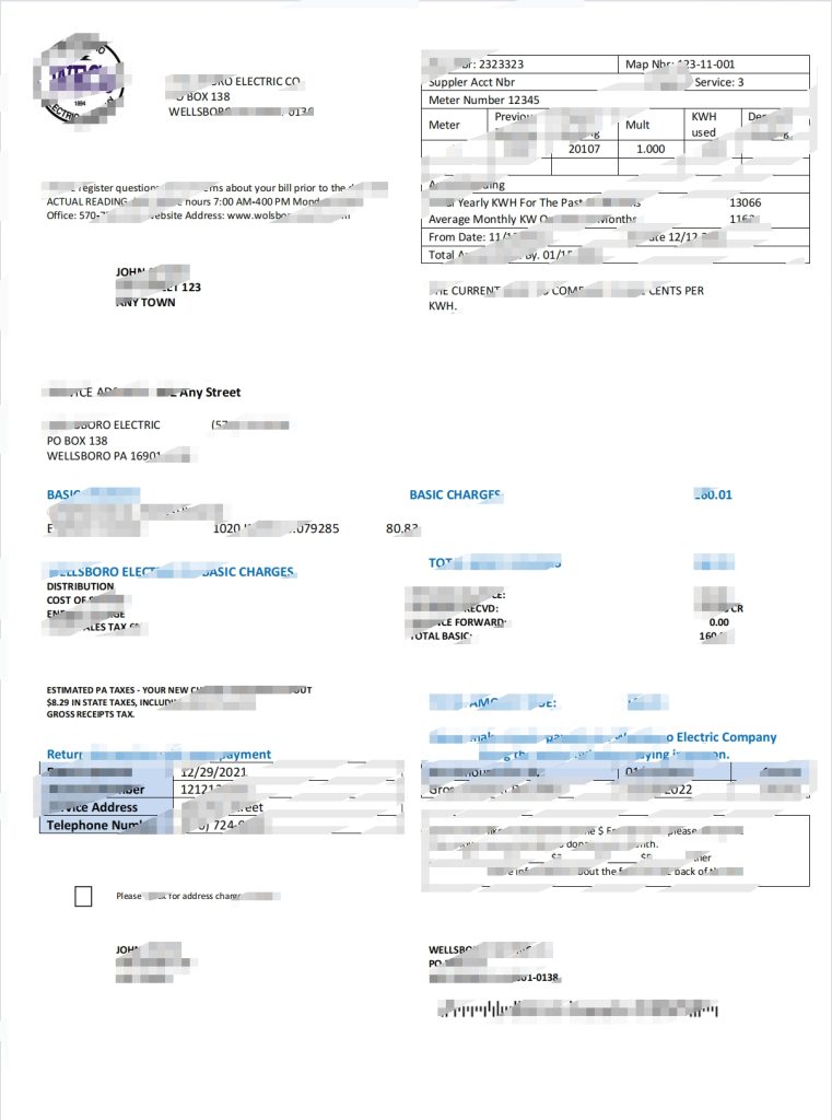 美国宾夕法尼亚州韦尔斯伯勒电力账单Word和PDF模板