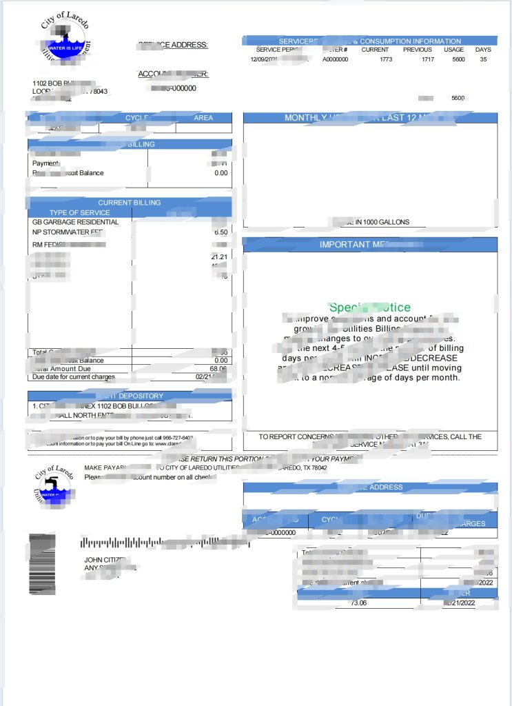 美国德克萨斯州拉雷多市公用事业部门水费账单Word和PDF模板