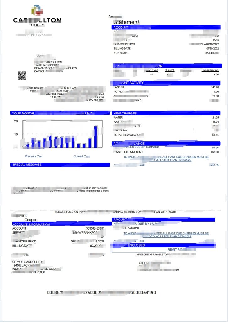 美国德克萨斯州卡罗尔顿水电费账单Word和PDF模板