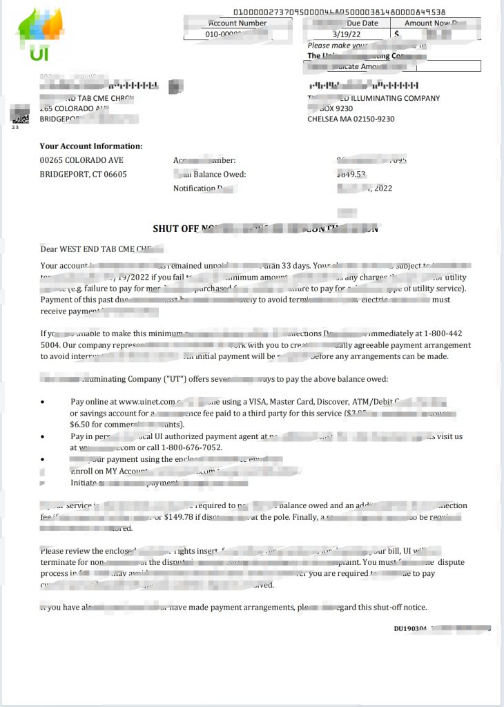 美国马萨诸塞州切尔西联合照明公司公用事业账单停运通知Word和PDF模板