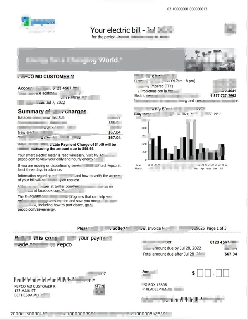 美国马里兰州 Pepco 公用事业账单 Word 和 PDF 模板（3 页）