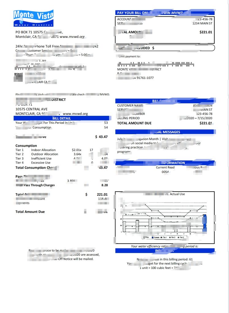 美国加利福尼亚州蒙特维斯塔水务区水电费账单Word和PDF模板