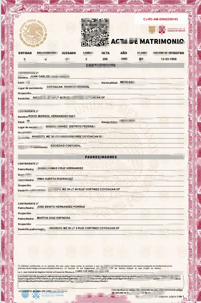 墨西哥城结婚证模板（Word 和 PDF 格式