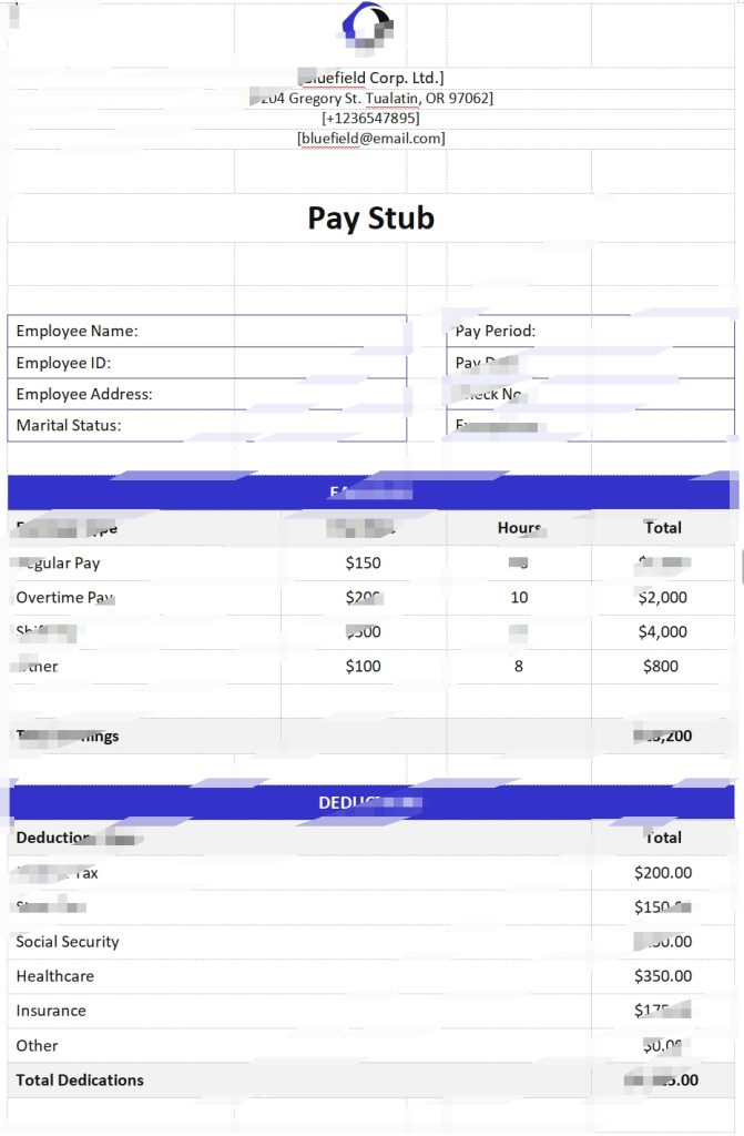 Bluefield Corp 工资单模板电子公司收入证明