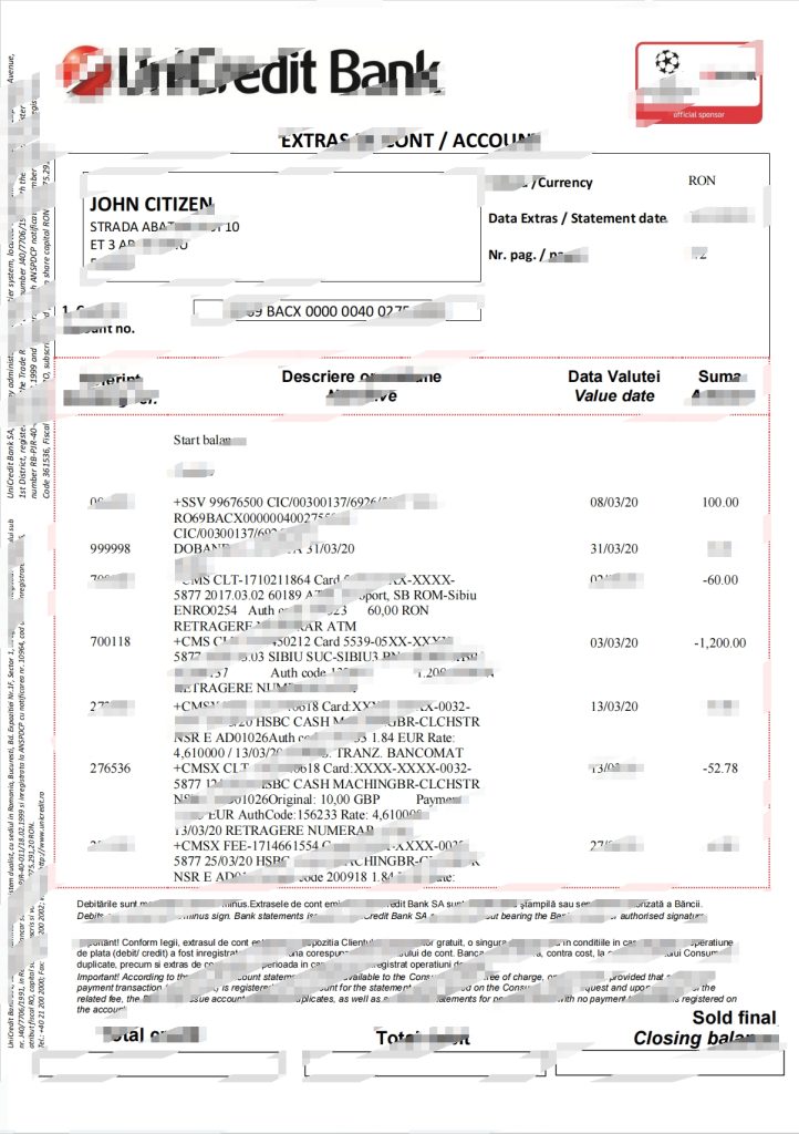 罗马尼亚联合信贷银行对账单模板（2页）