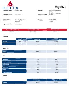 美国达美航空公司工资单 Word 和 PDF 模板USA Delta Air Lines airlines company pay stub Word and PDF template-帮司令