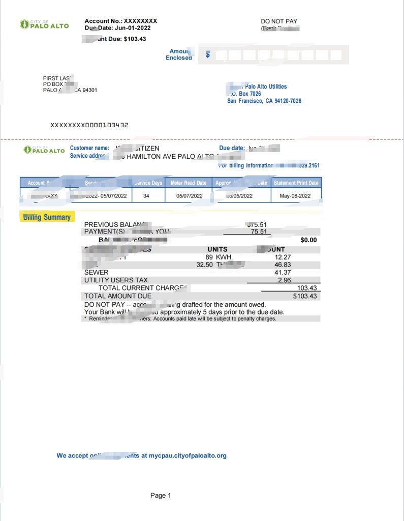 美国加利福尼亚州帕洛阿尔托水电费账单Word和PDF模板（2页）
