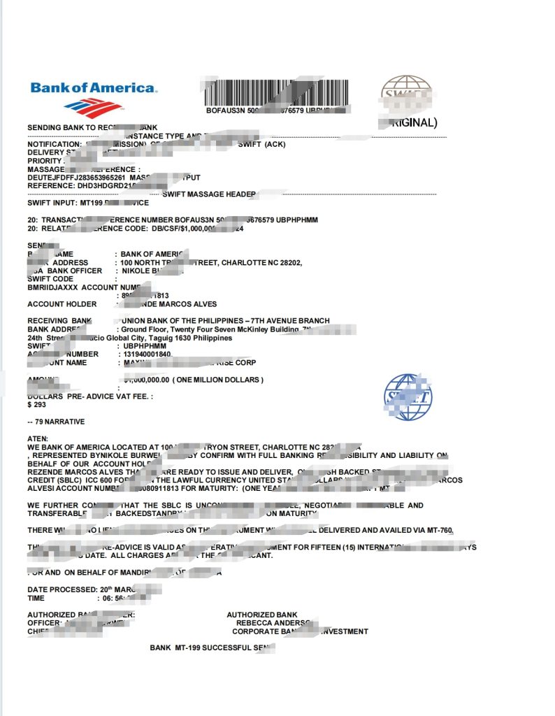 美国银行Swift消息模板