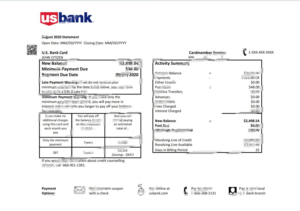 美国银行信用卡对帐单模板