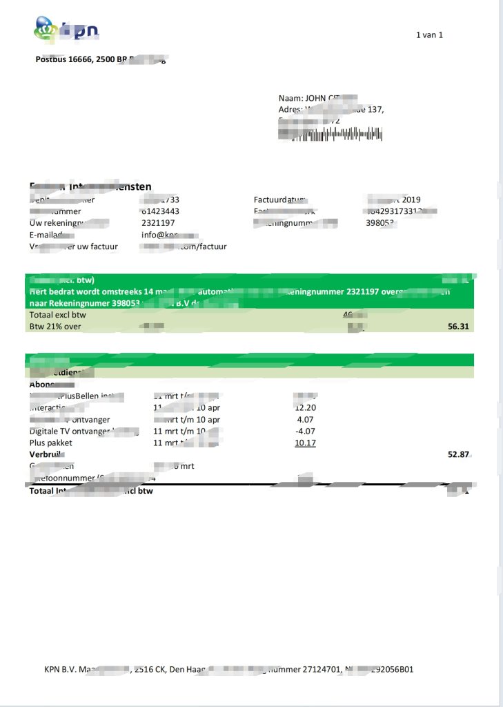 荷兰 KPN 公用事业账单 Word 和 PDF 模板