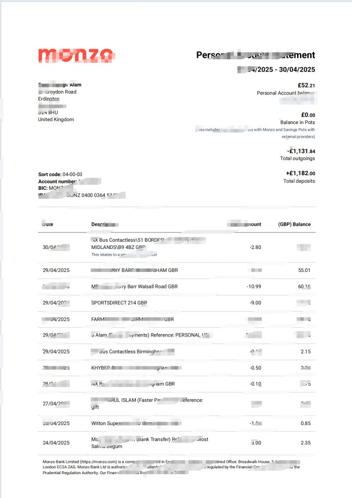 Monzo 银行对账单 Word 和 PDF 模板（版本 2025）