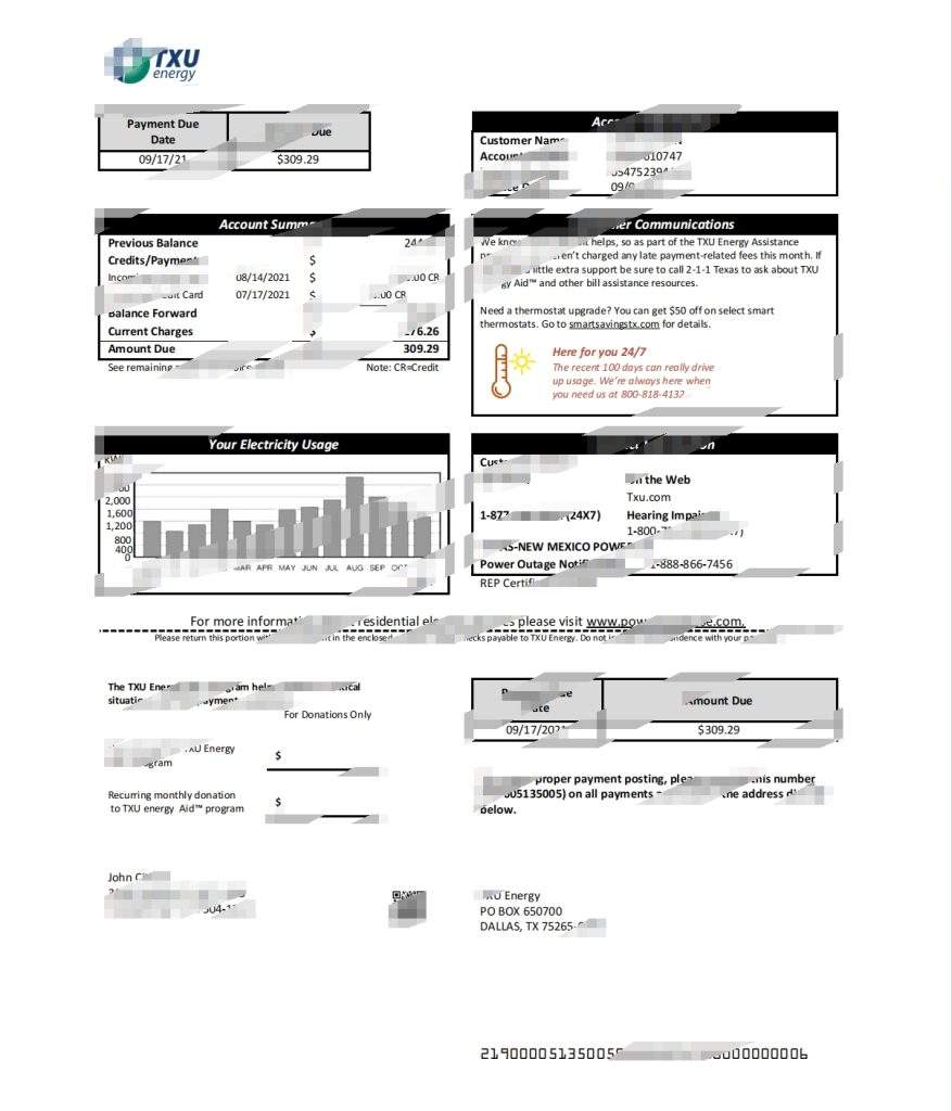 美国德克萨斯州 TXU 能源公用事业账单 Word 和 PDF 模板