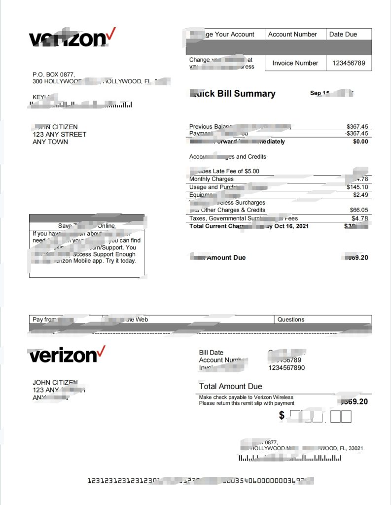 美国 Verizon 公用事业账单 Word 和 PDF 模板