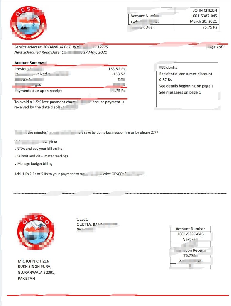 巴基斯坦奎达电力供应公司电费账单Word和PDF模板